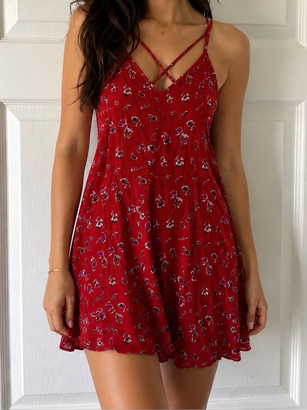 Red Floral Crisscross Cami mini Sun Dress - Women American Eagle 6